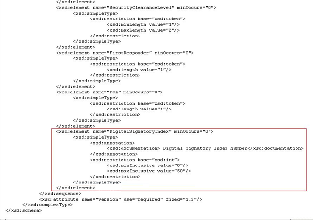 Extract of CPR with extensions.xsd file with DigitalSignatoryIndex element outlined in red